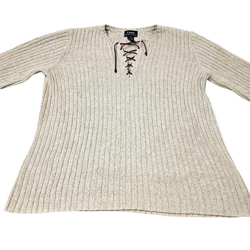 Lauren Ralph Lauren Sweater Womens 2X Oatmeal Silk Linen Lace Up Ribbed Knit